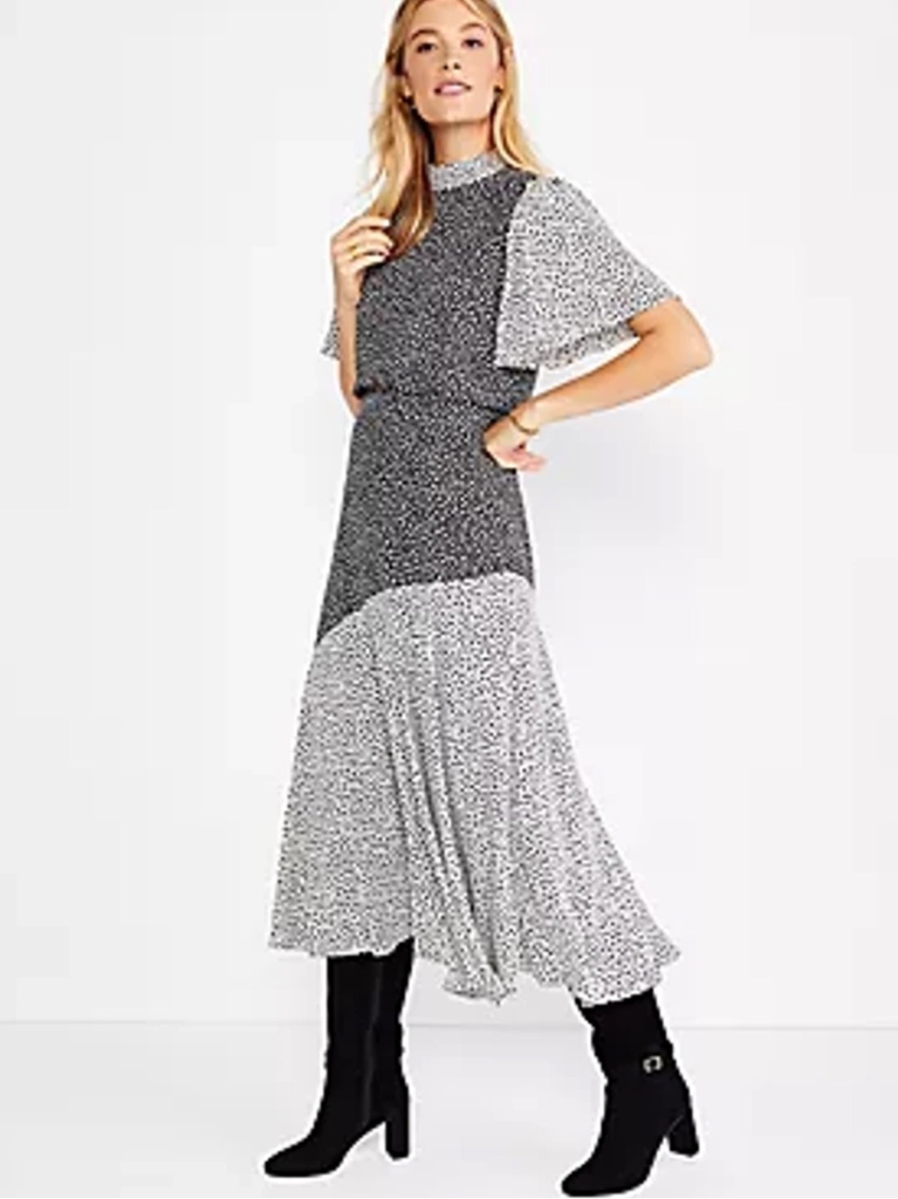 Ann Taylor Black and White Heart Print Midi Dress Contrasting Black & White 2P